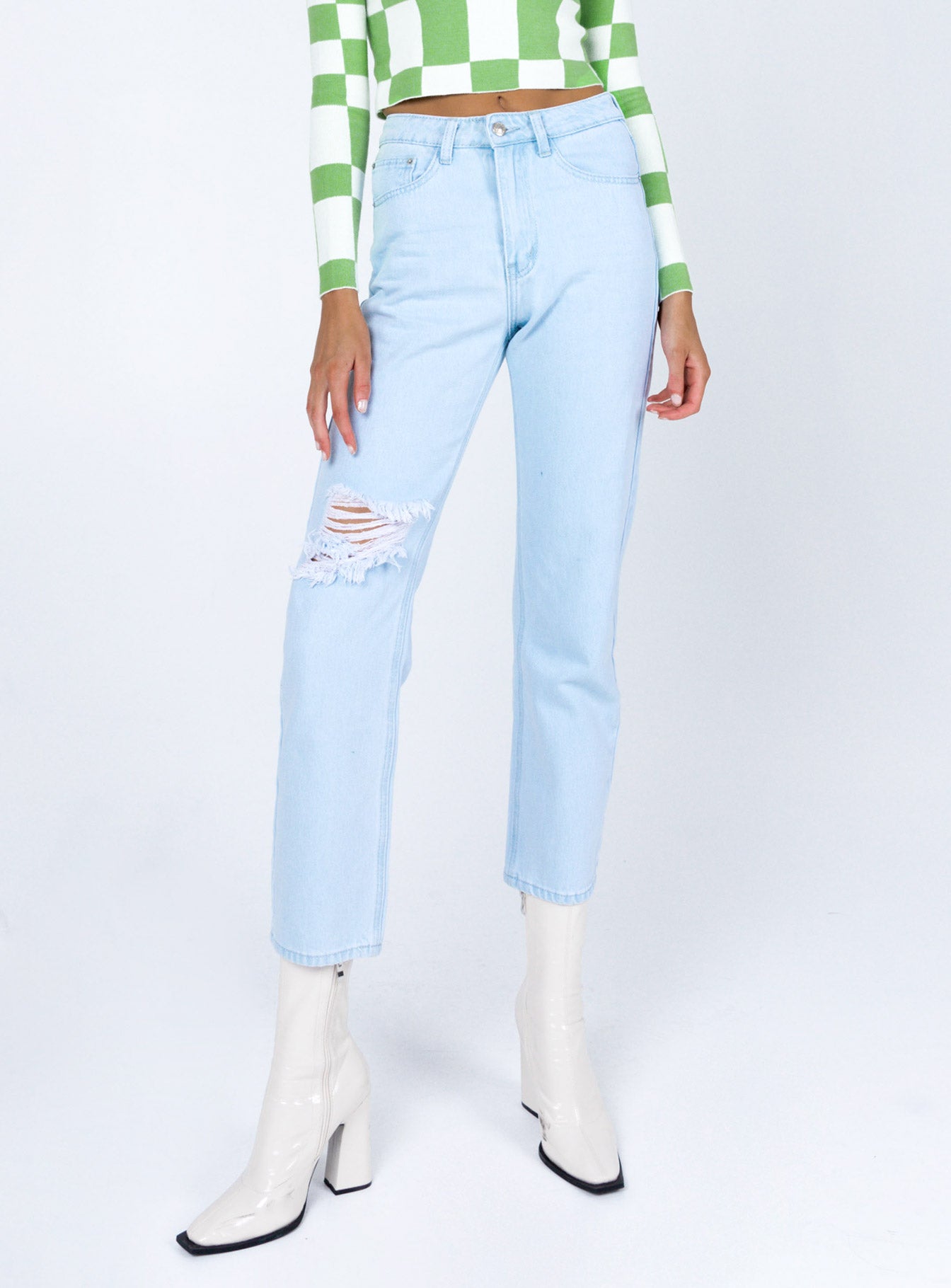 front view of model wearing Princess Polly Palermo Straight Leg Light Wash Denim Jeans Mid Rise 