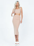 Matching set Soft knit material  Crop top  High waisted midi skirt  Elasticated waistband  Raw cut hem