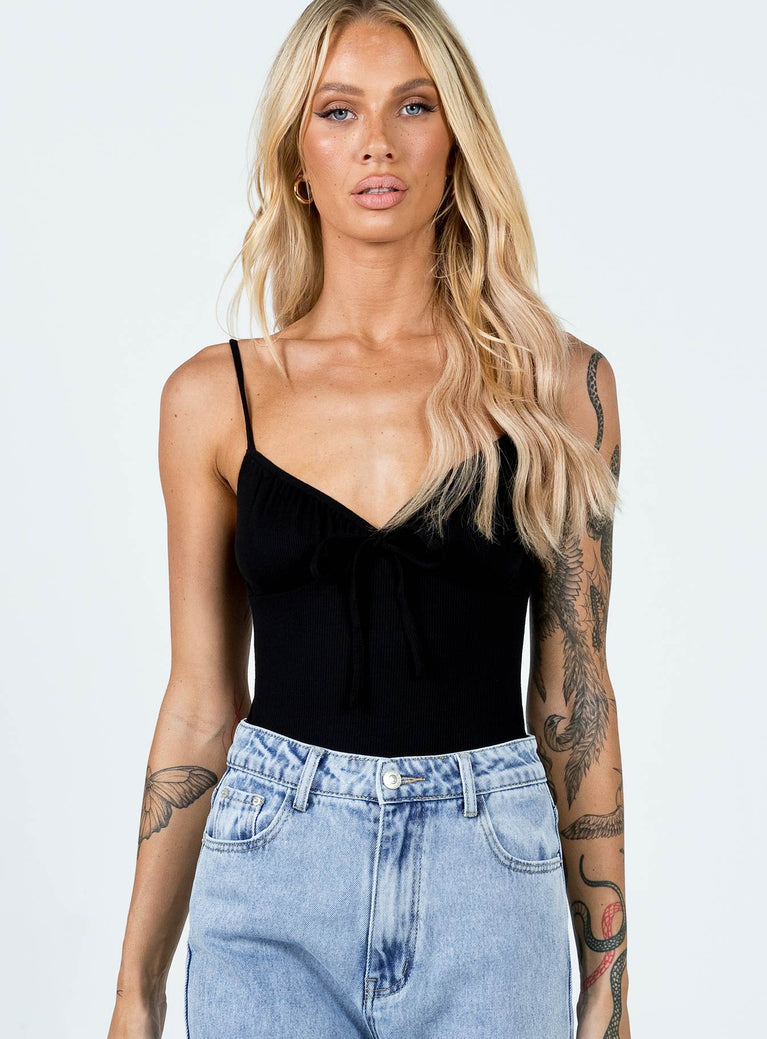 front view of model wearing Princess Polly Denver Bodysuit Black Sleeveless V-Neck 