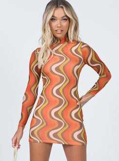 product Princess Polly Asymmetric Neckline  Orion Long Sleeve Mini Dress Orange Multi