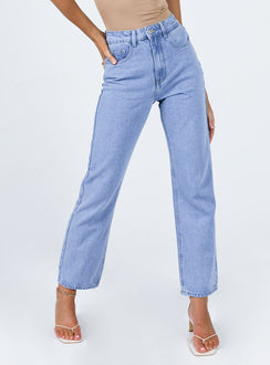 front view of model wearing Princess Polly Munich Straight Leg Denim Jeans High Waisted 