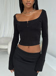 Front view of model wearing  front Princess Polly Full Sleeves Boat Neck  Ambers Long Sleeve Top Black