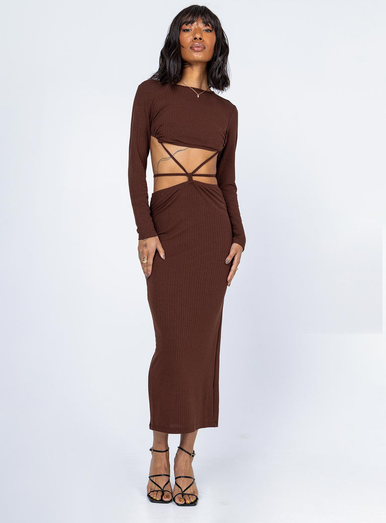 front view of model wearing Princess Polly Kari Midi Dress Brown 