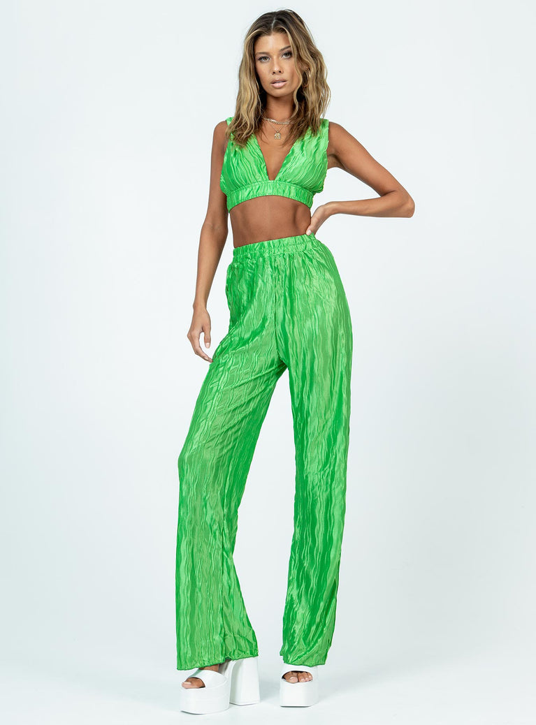 Green matching set Silky material  Pleated detail  Crop top  Plunging neckline  High waisted pants  Elasticated waistband  Wide leg 