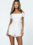 White romper Elasticated shoulders  Puff sleeves  Gathered bust  Lace up waist  Invisible zip fastening at back 