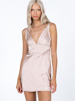 front view of model wearing Princess Polly Logan Mini Dress Beige Multi 