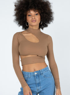 front view of model wearing Princess Polly Gabriella Long Sleeve Top Beige 