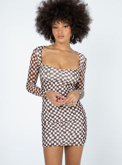 front view of model wearing Princess Polly Marcus Mini Dress Brown / White 