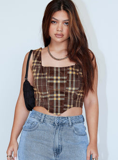 front view of model wearing Princess Polly Cheyenne Top Brown 