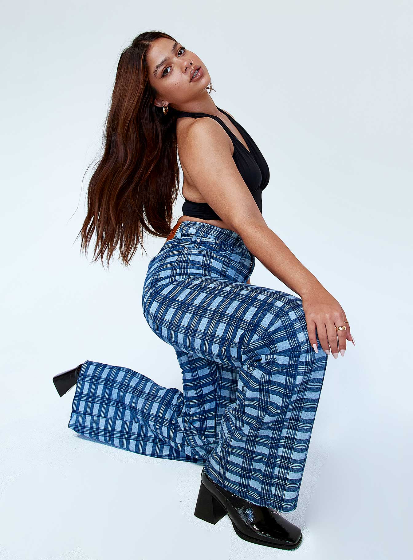 back view of model wearing Princess Polly Alice Wide Leg Check Jeans Denim Mid Rise 