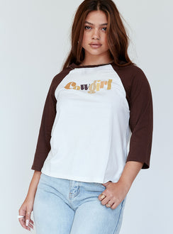 front view of model wearing Princess Polly Motel Nexo Tee Cowgirl Brown 