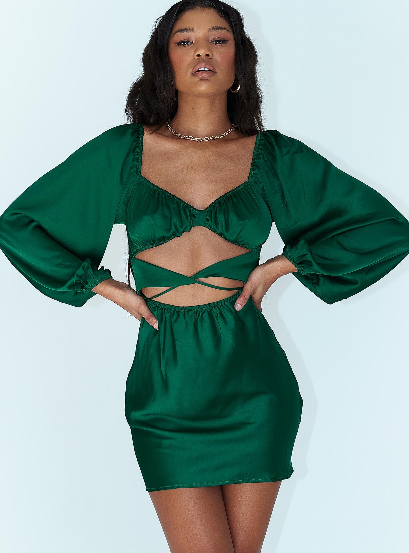front view of model wearing Princess Polly Nakita Long Sleeve Mini Dress Green 