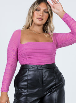 front view of model wearing Princess Polly Delany Bodysuit Pink Full Sleeves Square Neck 