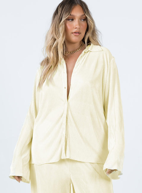 front view of model wearing Princess Polly Taina Pleated Shirt Cream Full Sleeves V-Neck 