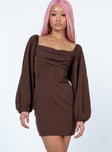 Front view of model wearing  front Princess Polly Boat Neck  Lillie Long Sleeve Mini Dress Brown