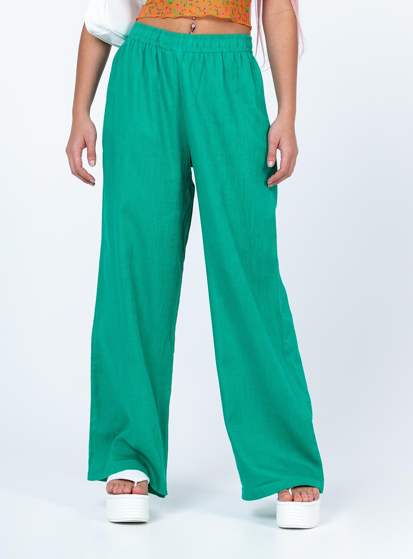 front view of model wearing Princess Polly Louis Linen Blend Pants Green 