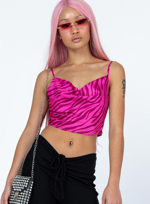 front view of model wearing Princess Polly Gia Top Pink Sleeveless Cowl 