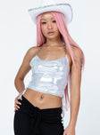 side view of model wearing Princess Polly Norman Top Silver Sleeveless Cowl 