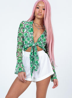 white high waisted shorts Elasticised waistband Fixed rolled hem Twin back pockets