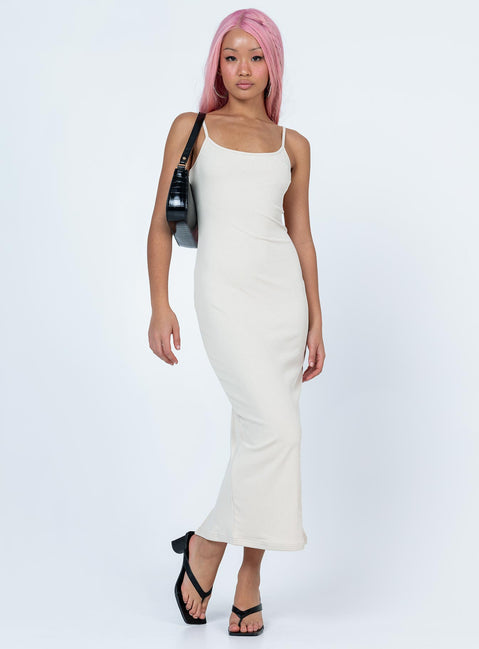 Front view of model wearing  front Princess Polly High Neck  Cherie Maxi Dress Beige