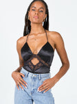 front view of model wearing Princess Polly Zella Bodysuit Black Sleeveless Plunger 