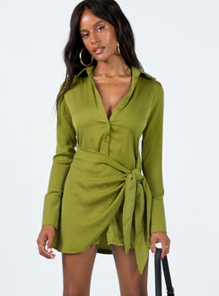 Front view of model wearing  front Princess Polly Asymmetric Neckline  Bodeni Long Sleeve Mini Dress Green