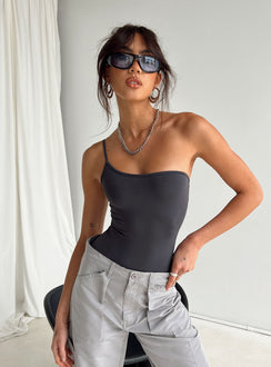 front view of model wearing Princess Polly Hutter Bodysuit Grey Sleeveless Asymmetric Neckline 