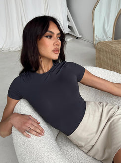 front view of model wearing Princess Polly Rover Bodysuit Grey Short Sleeves Crew Neck 