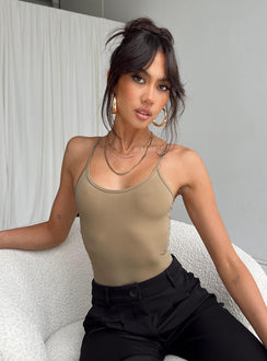 front view of model wearing Princess Polly Geary Bodysuit Beige Sleeveless Scoop Neck 