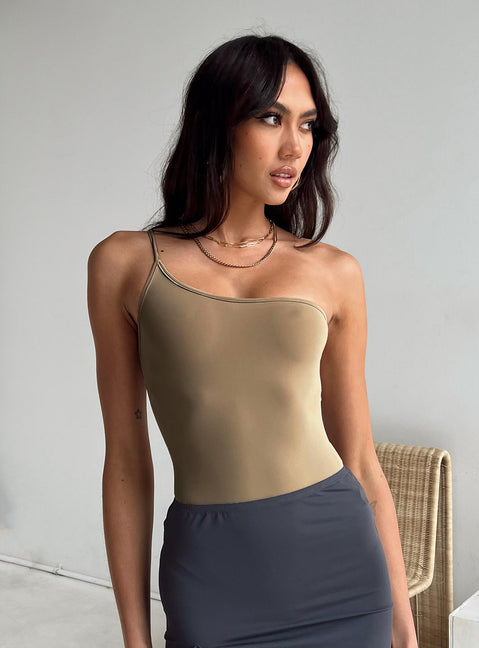 front view of model wearing Princess Polly Hutter Bodysuit Beige Sleeveless Asymmetric Neckline 