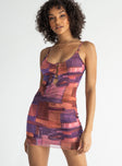 side view of model wearing Princess Polly Novia Mini Dress Brown / Purple 