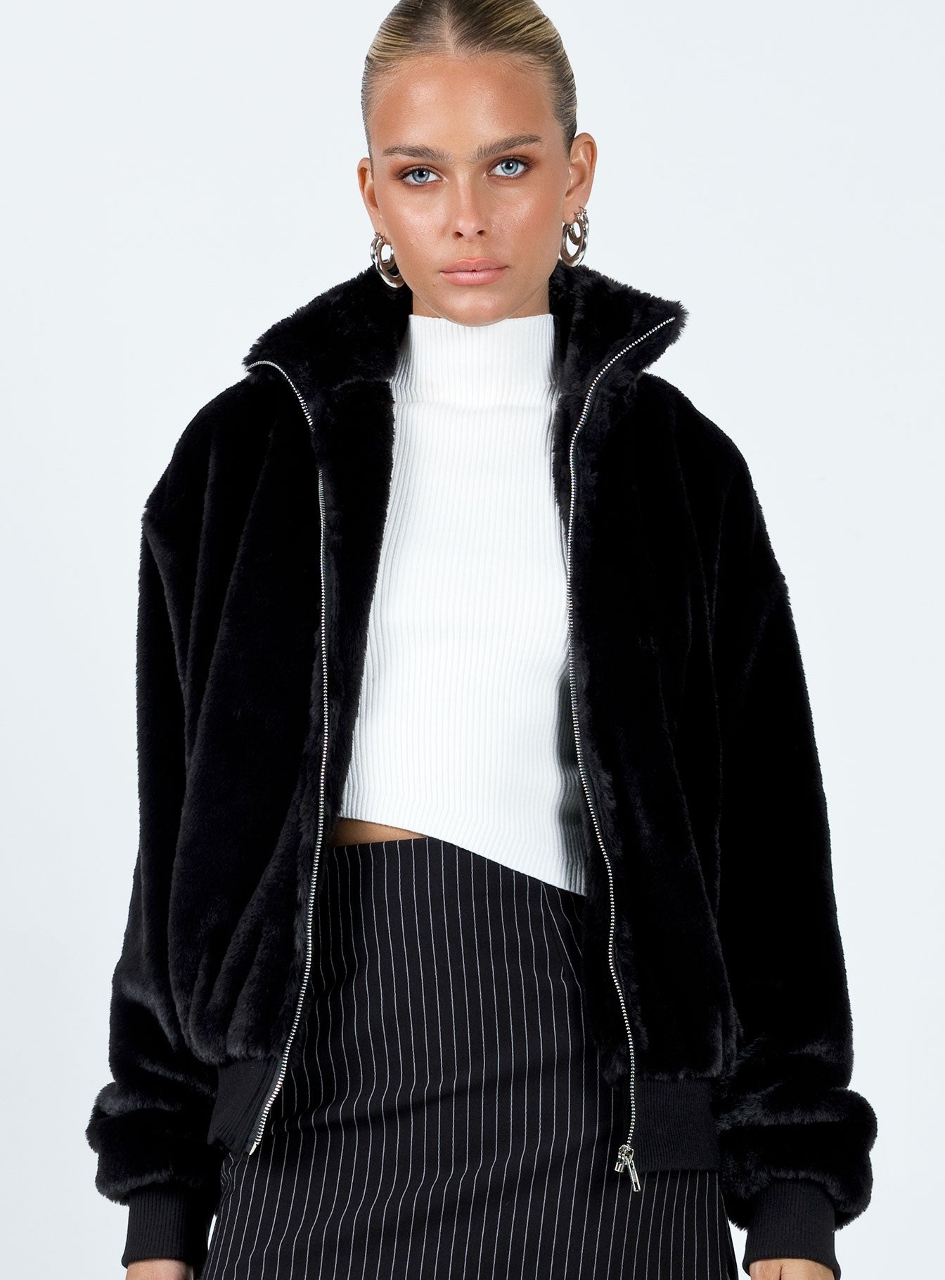 Faux fur outlet bomber with hood