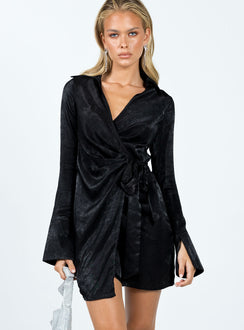 Front view of model wearing  front Princess Polly V-Neck  Diddam Long Sleeve Mini Dress Black