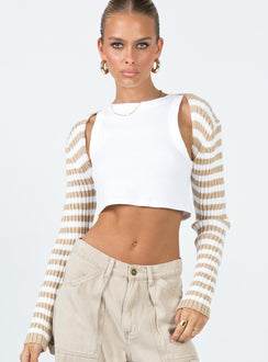 front view of model wearing Princess Polly Aytan Bolero Sweater Beige/White Cropped 