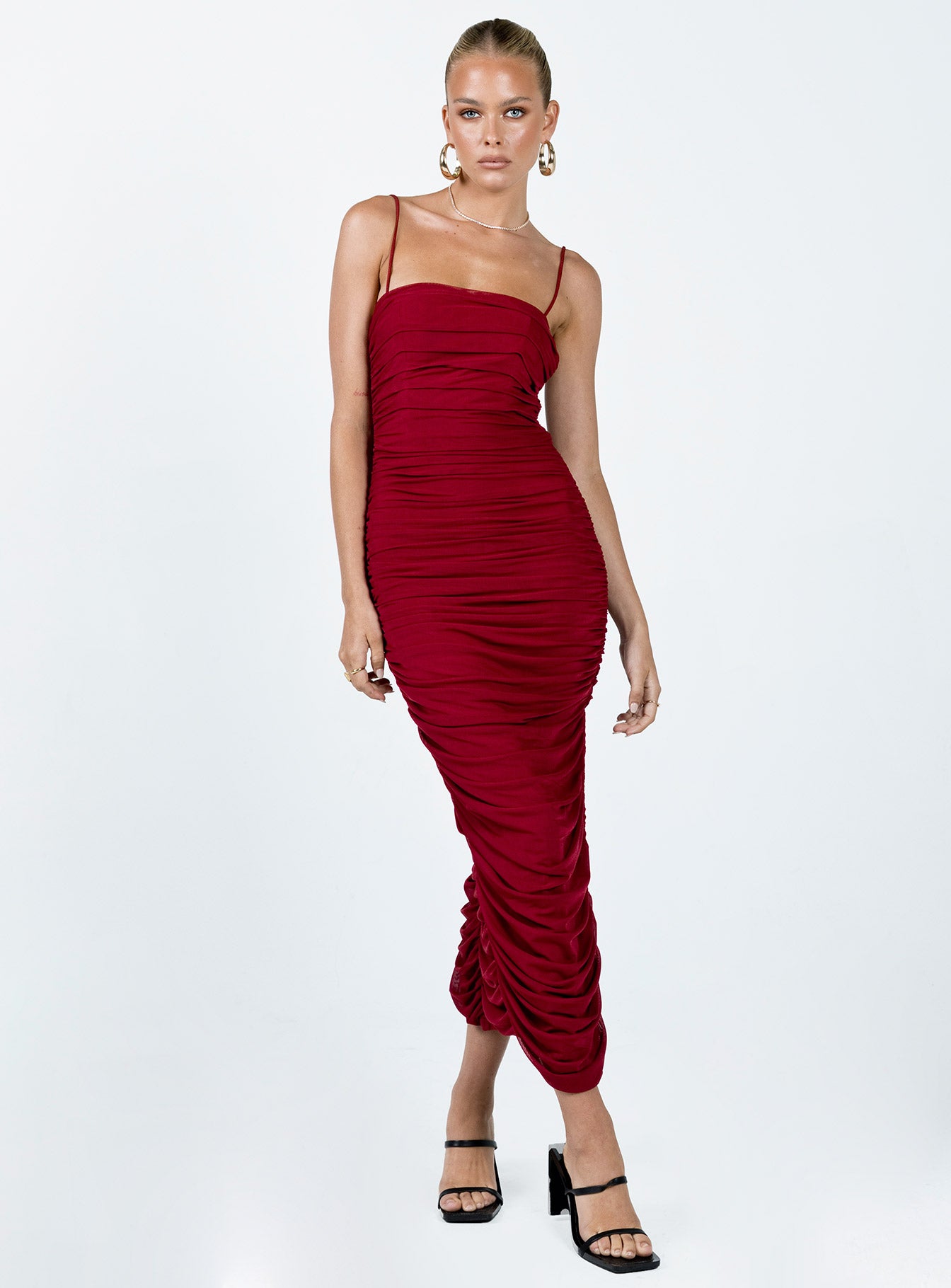 Front view of model wearing  front Princess Polly Asymmetric Neckline  Tara Midi Dress Wine
