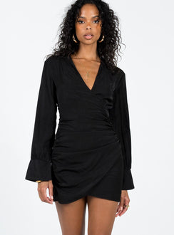 Front view of model wearing  front Princess Polly V-Neck  Teresa Long Sleeve Mini Dress Black