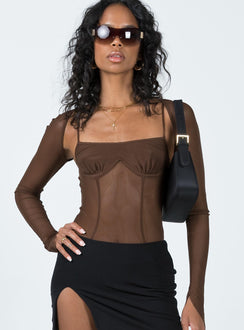 front view of model wearing Princess Polly Buena Bolero Bodysuit Chocolate Full Sleeves Square Neck 