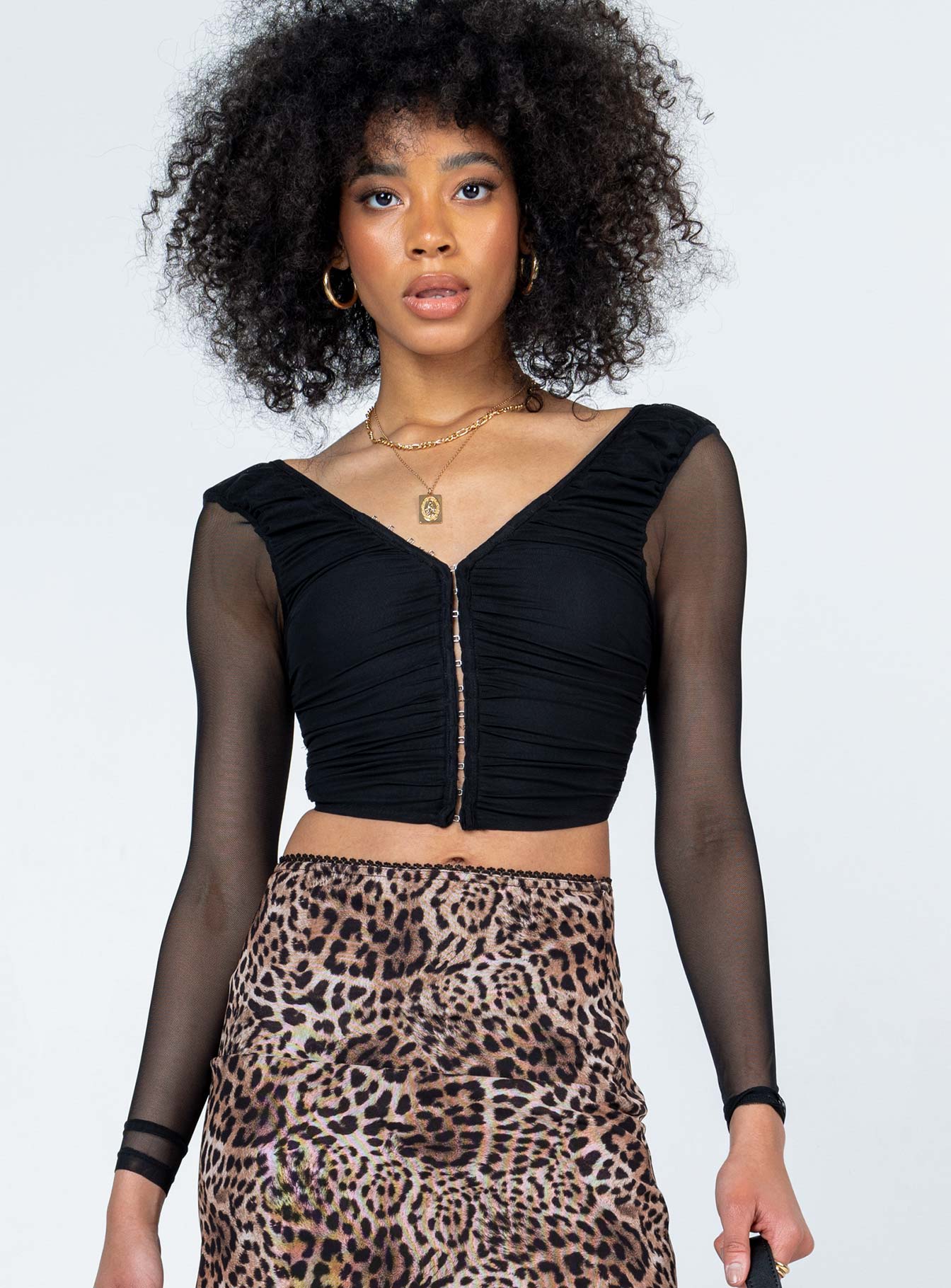 front view of model wearing Princess Polly Lillian Long Sleeve Top Black 