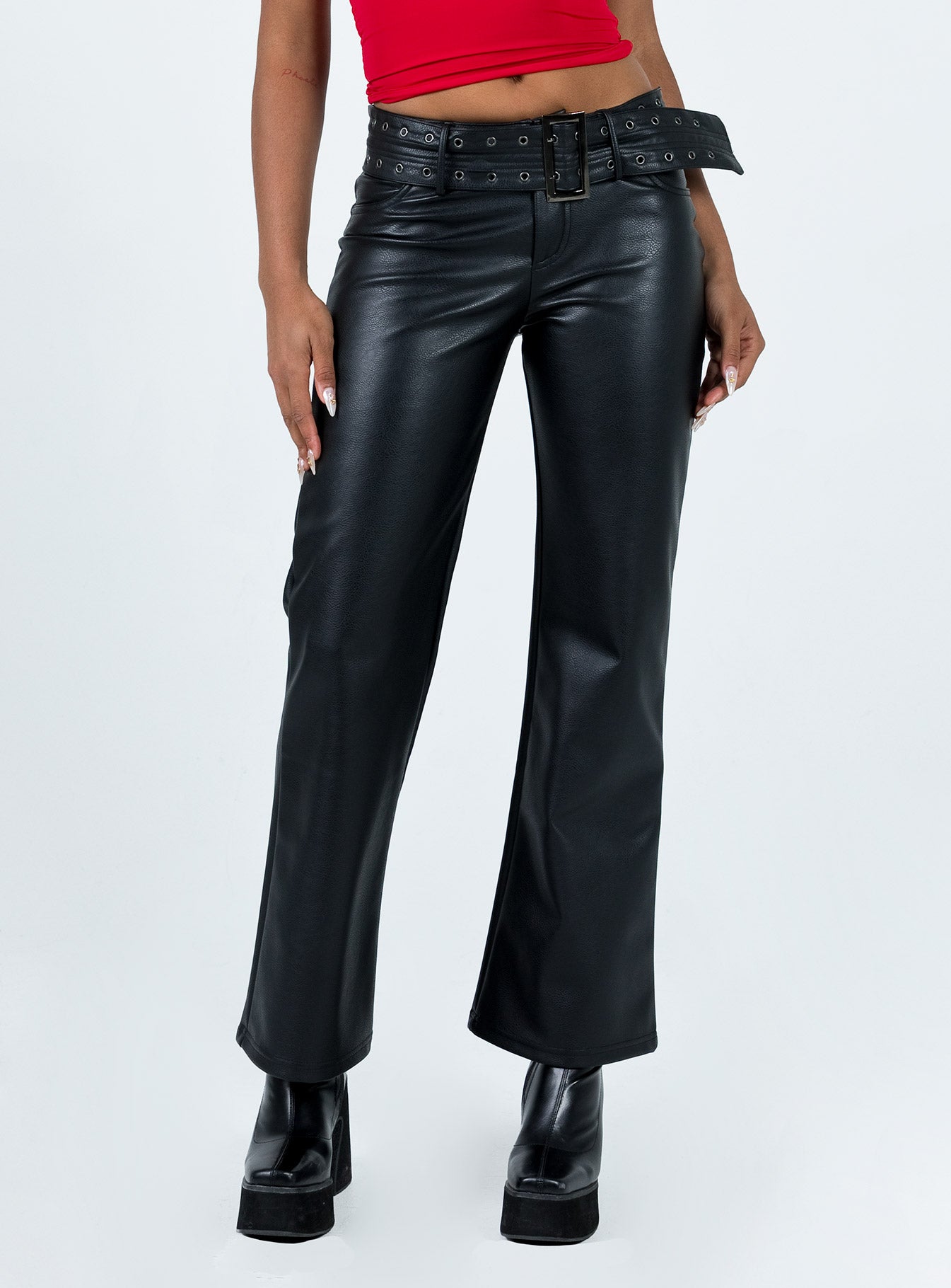 product Princess Polly High Waisted Pants  Torridon Eyelet Belt Faux Leather Pants Black