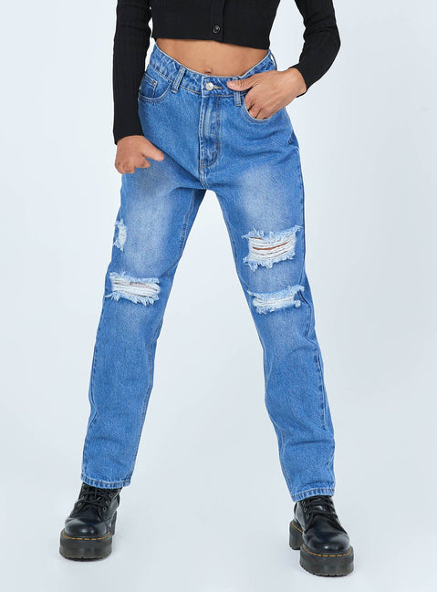 front view of model wearing Princess Polly Lisbon Ripped Denim Jeans Mid Rise 