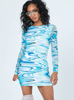 front view of model wearing Princess Polly Beckett Long Sleeve Mini Dress Blue 