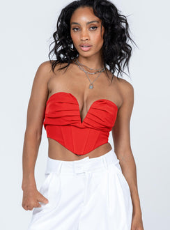 front view of model wearing Princess Polly Pascoe Strapless Top Red Sleeveless Plunger 