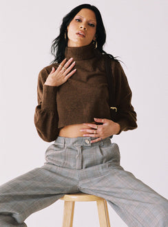 front view of model wearing Princess Polly Zahara Cropped Turtleneck Sweater Brown Cropped 