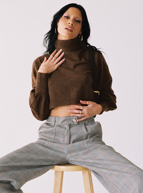 front view of model wearing Princess Polly Zahara Cropped Turtleneck Sweater Brown Cropped 