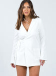 Front view of model wearing  front Princess Polly V-Neck  Kyah Wrap Blazer Dress White