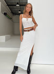 White matching set Floral print Crop top Adjustable shoulder straps Lace up with tie fastening at bust Maxi skirt Slit at side