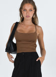 front view of model wearing Princess Polly Stasey Bodysuit Brown Sleeveless Cowl 