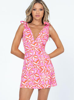 front view of model wearing Princess Polly Island Time Mini Dress Pink Multi Plunger 