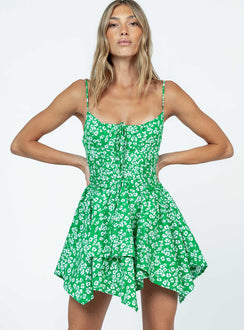 Front view of model wearing  front Princess Polly Sweetheart Neckline  Barrett Mini Dress Green / White