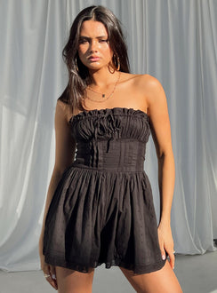 Romper 100% cotton Lace details Ruffle neckline  Adjustable tie at neckline  Shirred back  Twin hip pockets 